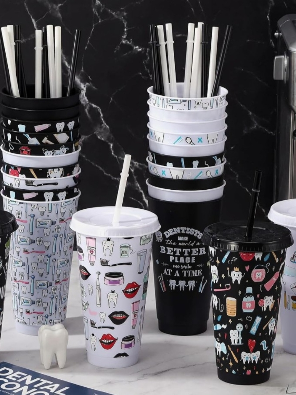 Dental-Themed Reusable Party Cups with Lids & Straws - White